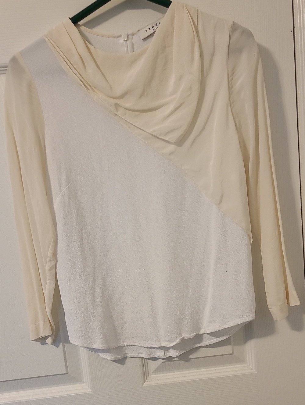 Sandro Two-Tone Cream & White Draped Long-Sleeve Blouse